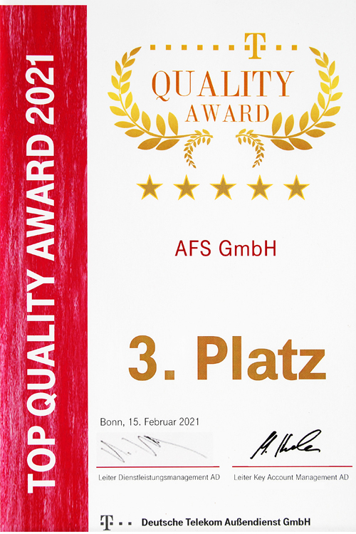 Telekom_Quality Award 2021_AFS_3. Platz_Urkunde